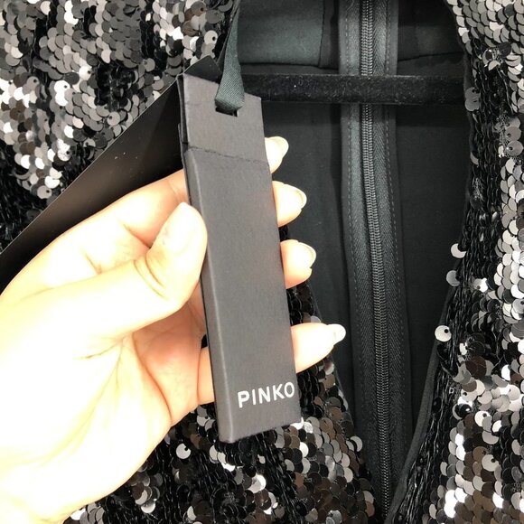 NWT PINKO Black Long Sleeve Stretch Asymmetric Hem Mini Sequin Dress Sz 12/EU 44 - Picture 6 of 16